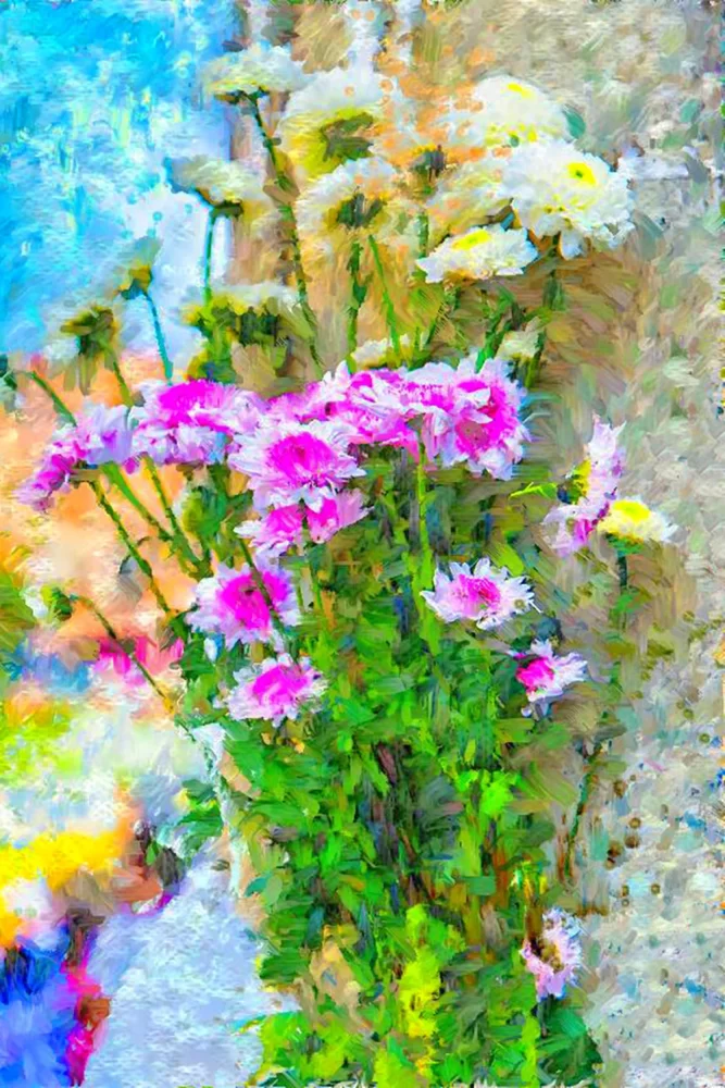 Foto pintura de Ricardo Laf com texturas florais e pinceladas digitais vibrantes, explorando a autorreferência entre a fotografia e a pintura digital.