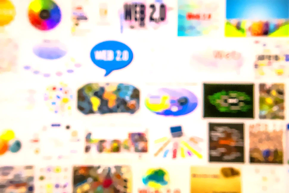 Mosaico digital de Ricardo Laf intitulado "Cyberinsônia", com ícones, logos e elementos gráficos saturados da estética Web 2.0, representando a sobrecarga visual digital.