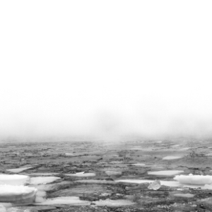 Fotografia autoral de Ricardo Laf mostrando a superfície congelada do lago Kleifarvatn na Islândia, com trincas no gelo sob uma névoa branca densa.