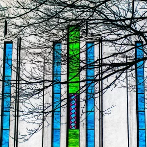 Fotografia autoral de Ricardo Laf mostrando os vitrais coloridos da fachada lateral do Cine Theatro Brasil em Belo Horizonte, com silhuetas de galhos de árvores em primeiro plano.