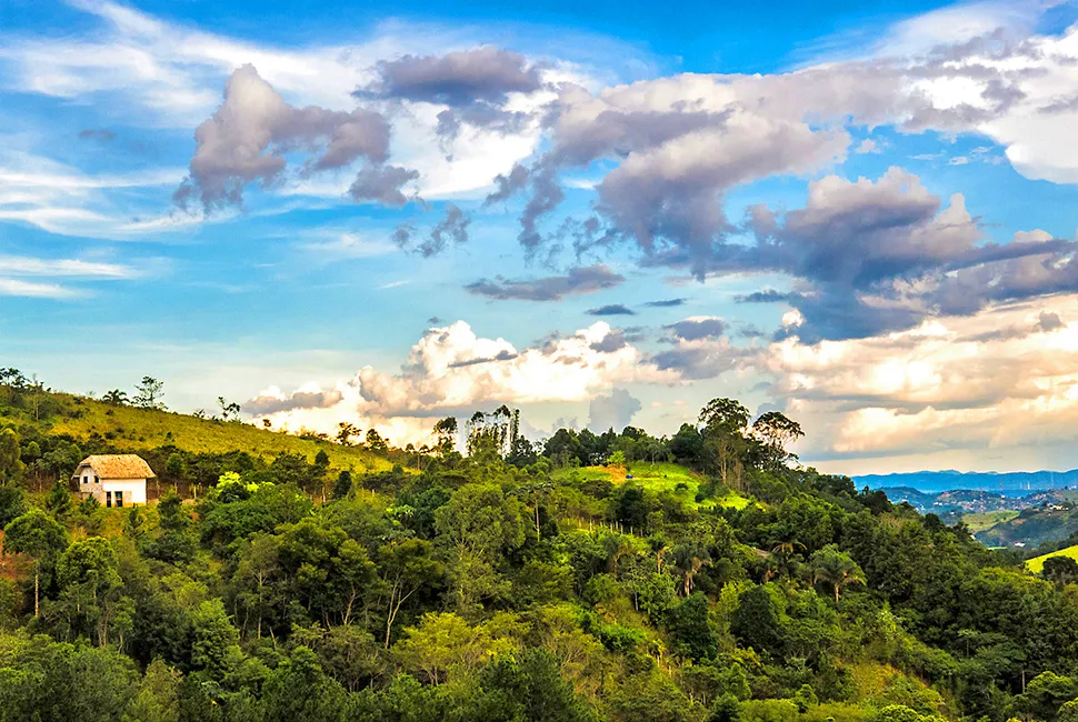 Fotografia de Ricardo Laf capturando as colinas verdes e a vegetação densa da Serra da Mantiqueira em São Francisco Xavier, São Paulo, sob céu com nuvens.