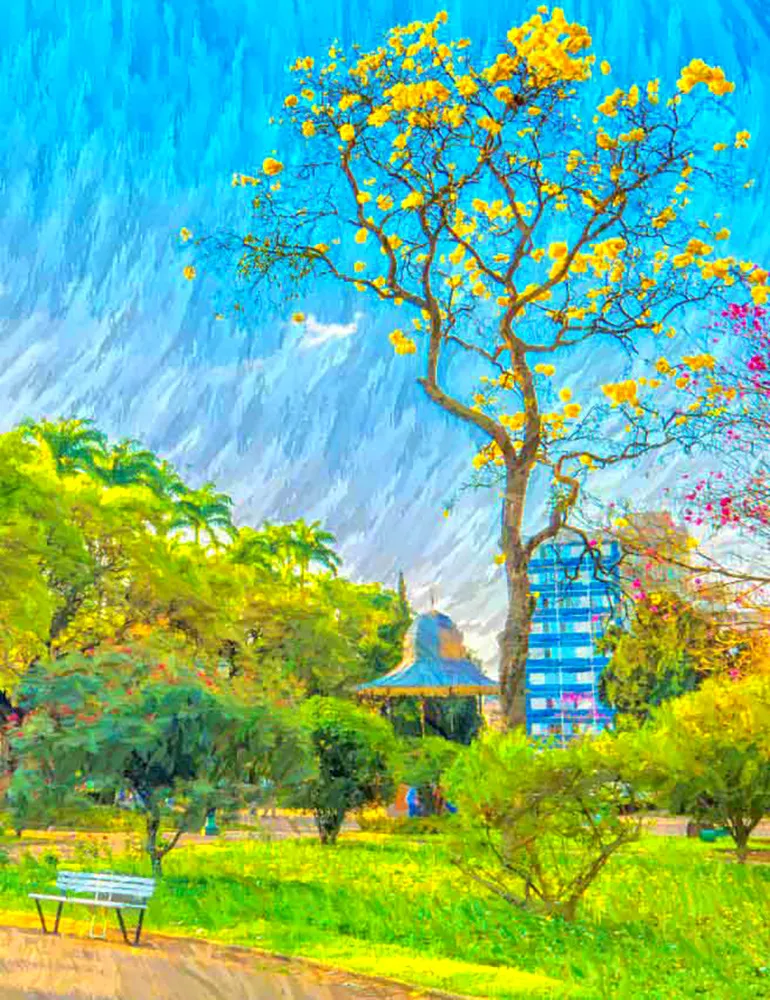 Foto pintura da Praça da Liberdade em Belo Horizonte por Ricardo Laf, destacando flores amarelas e o coreto sob um céu azul vibrante.