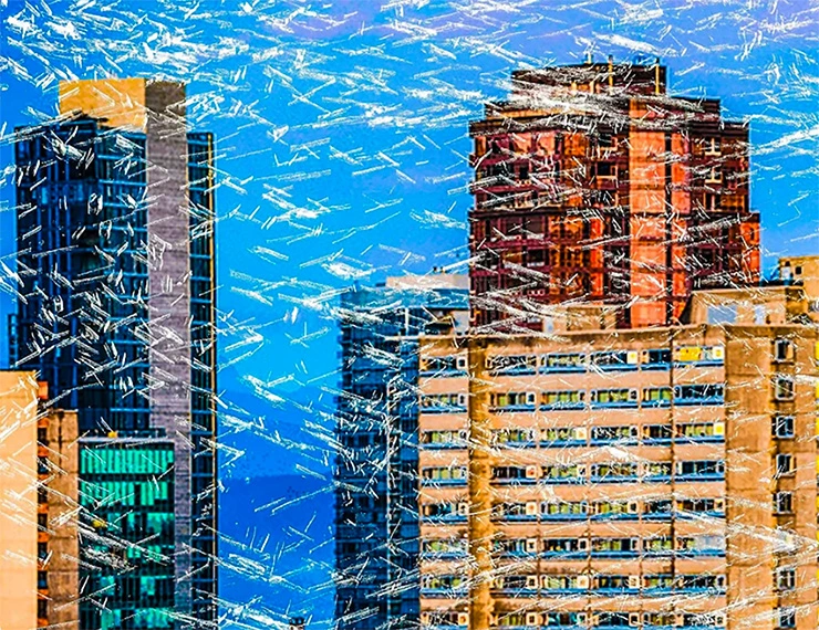 Fotografia autoral de edifícios no centro de Belo Horizonte com tratamento visual que remete a uma urbanidade trincada, registrado por Ricardo Laf.