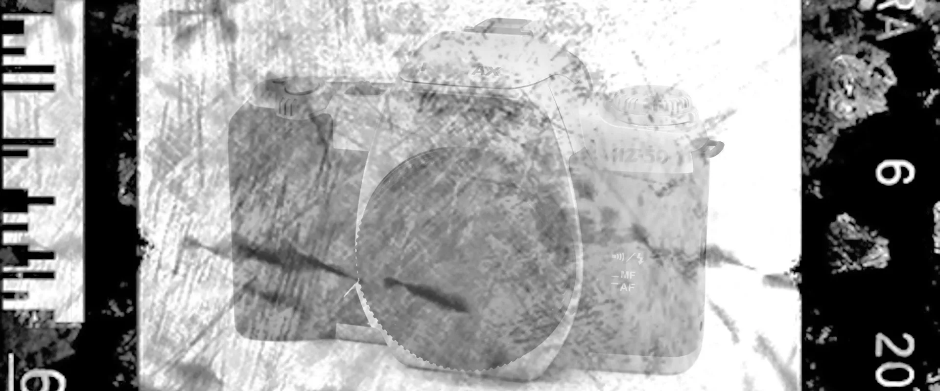 Sobreposição artística em preto e branco de uma câmera analógica com texturas de filme fotográfico desgastado. Foto de Ricardo Laf.