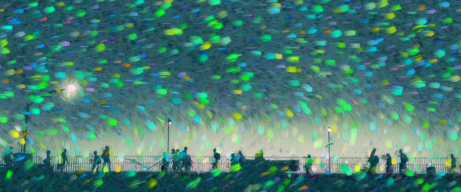 Foto de Ricardo Laf com tratamento artístico pontilhista, exibindo uma profusão de cores verdes, azuis e amarelas que flutuam sobre uma silhueta urbana em movimento.