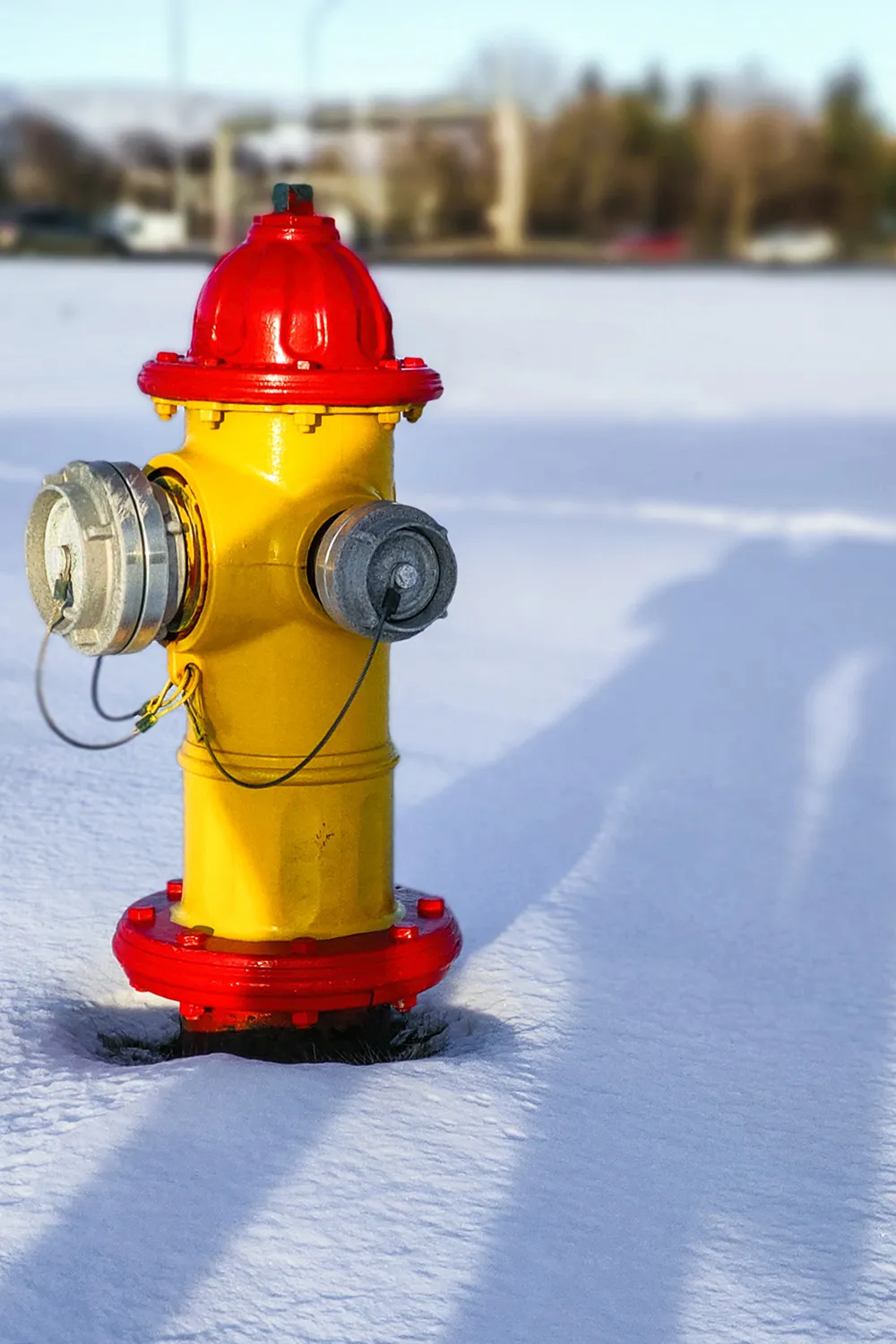 Hidrante amarelo e vermelho destacado sobre a neve no chão urbano de Reykjavík, Islândia, ao final do inverno.