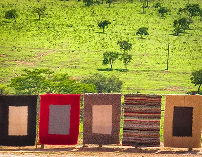 Fotografia documental de tapetes artesanais coloridos expostos para venda às margens da rodovia BR-381 em Itaguara, Minas Gerais.