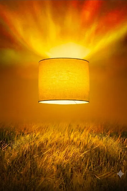 Fotopintura surrealista de uma cúpula de abajur acesa pairando sobre um campo sob iluminação alaranjada e incandescente.